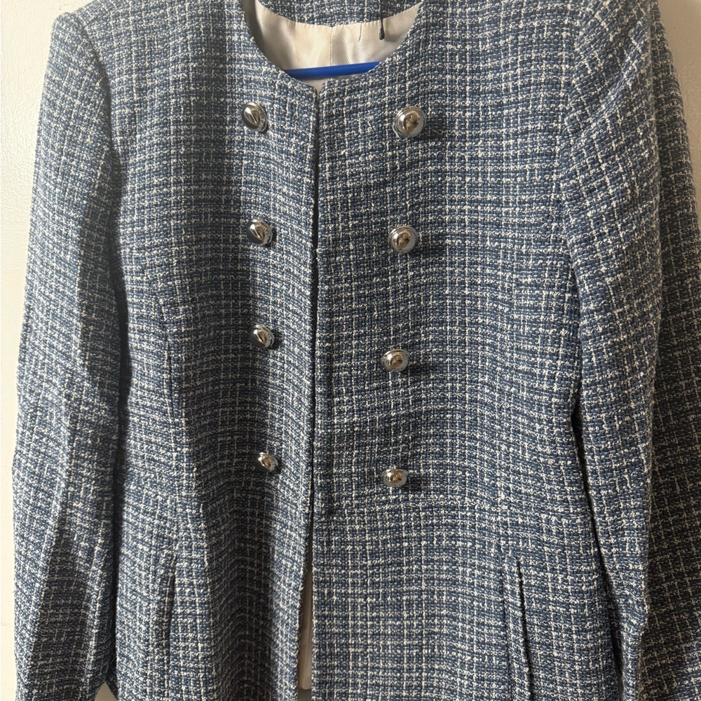 Zara Navy Tweed Blazer with Silver Buttons